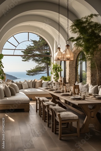 Elegant Mediterranean Dining Room With Ocean View