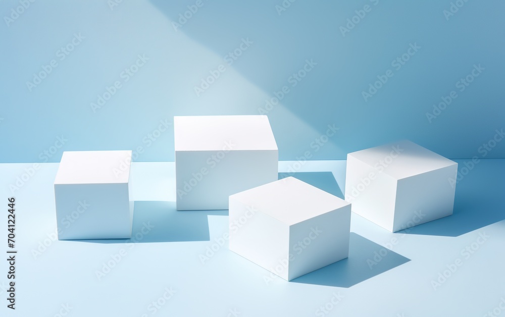 White cubes on blue background with sunlight and shadows White cubes on blue background with sunlight and shadows