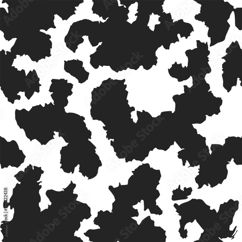 Cow skin seamless grunge texture, spotted pattern, black spots on a white background, animal print. Vector wallpaper 