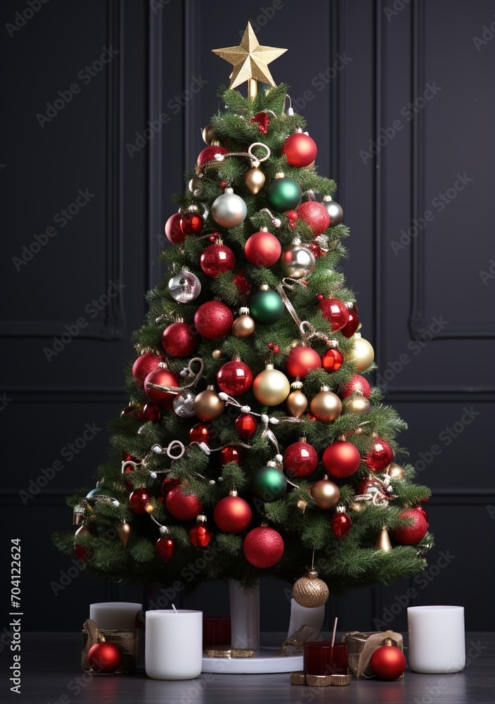 Ornate Christmas tree with red, gold, and green ornaments and a gold star tree topper in front of a black wall with white molding