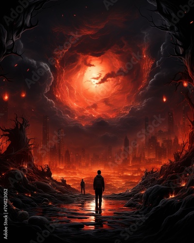 Two men standing in a post-apocalyptic hellscape