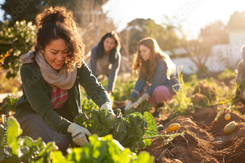Community garden, a wholesome scene featuring women working together in a community garden.