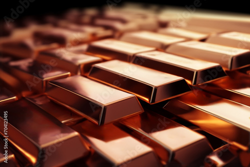 Copper bars background. Copper production. World prices for copper metal on global metals market and mining market. Copper bullion bars precious metals investing