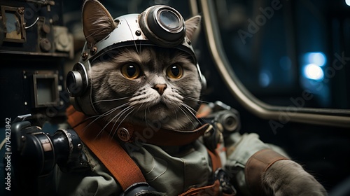 A cat wearing a sits in a cockpit