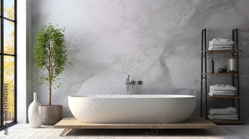 Modern bathroom interior with marble tiles  wooden bathtub platform and large windows