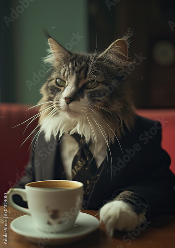 Cat drinking coffee at the cafe in suit and tie