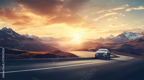 Car driving on an asphalt road through mountain valley at sunset