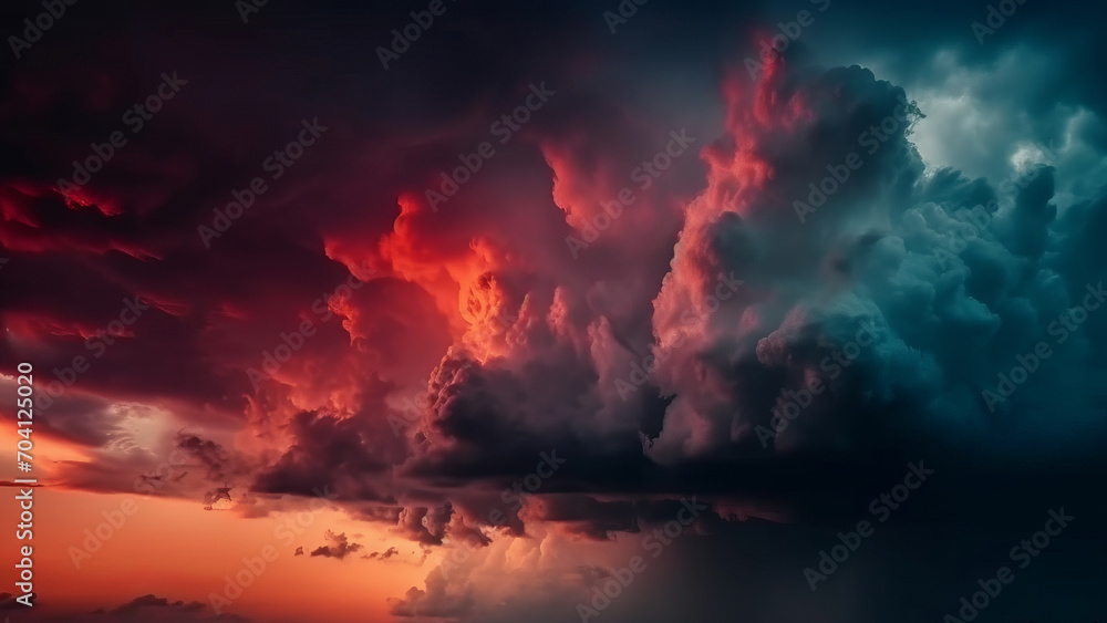 Black dark gray blue purple red pink coral orange storm clouds. Gloomy cloudy dramatic ominous epic sky background. Color gradient. Night evening sunset. Hurricane wind rain light lightning fire smoke