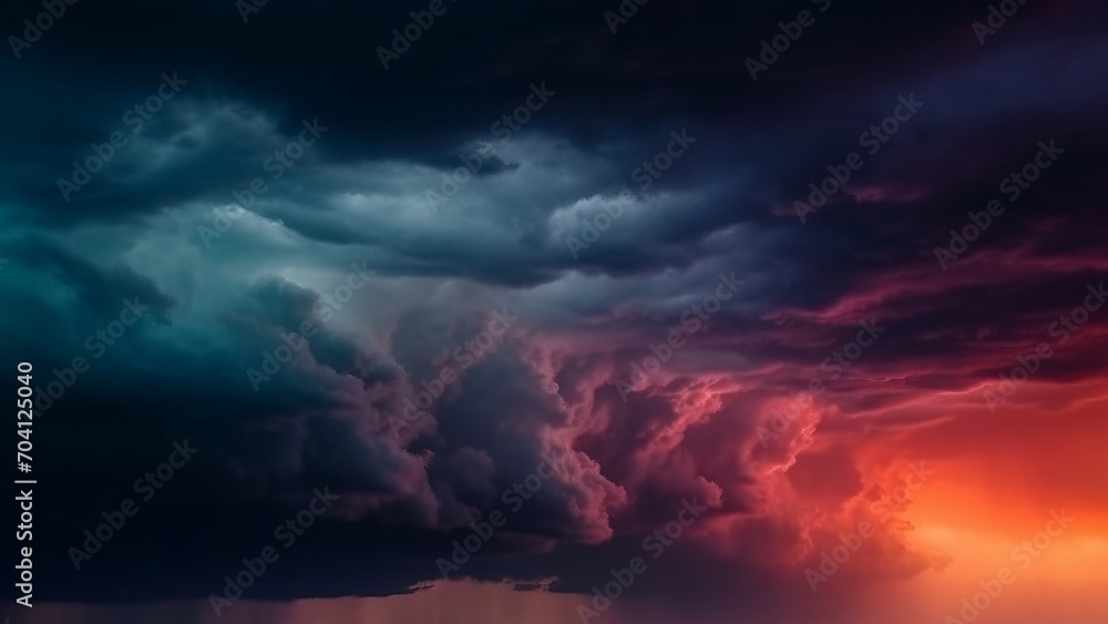 Black dark gray blue purple red pink coral orange storm clouds. Gloomy cloudy dramatic ominous epic sky background. Color gradient. Night evening sunset. Hurricane wind rain light lightning fire smoke