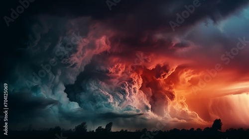 Black dark gray blue purple red pink coral orange storm clouds. Gloomy cloudy dramatic ominous epic sky background. Color gradient. Night evening sunset. Hurricane wind rain light lightning fire smoke