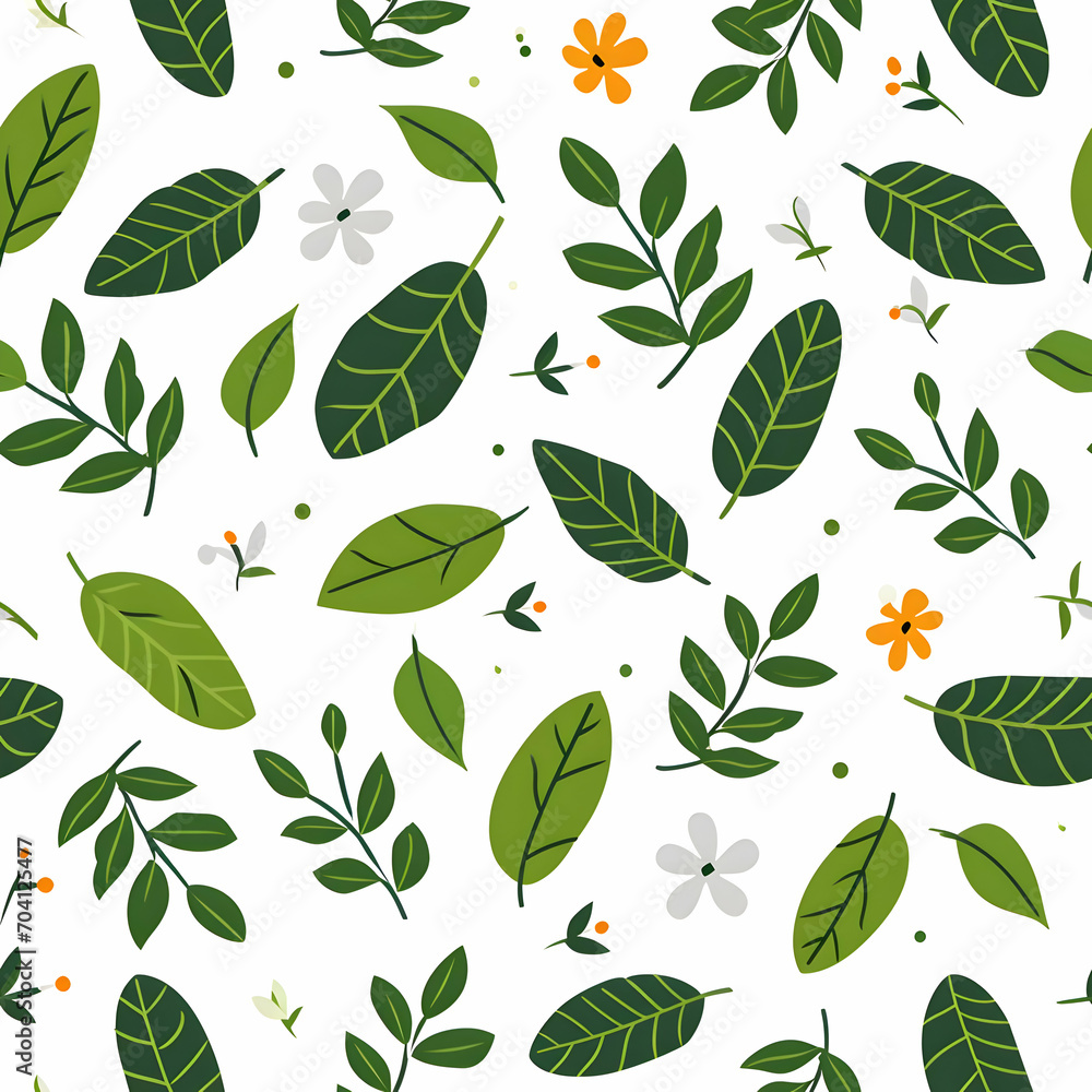 Green leaves and tiny yellow flowers. Seamless pattern white background. High-resolution