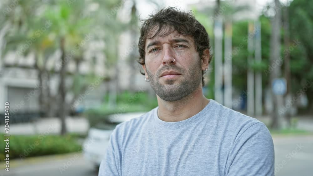 Confident young man with a serious expression, standing in an urban street setting, portraying a concentrated yet relaxed exterior Confident young man with a serious expression, standing in an urban street setting, portraying a concentrated yet relaxed exterior
