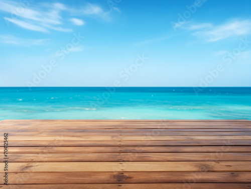 Wooden dock over blurred tropical ocean
