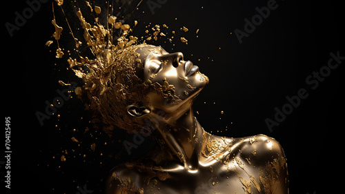 close up horizontal image of a model splashed with golden paint on her face and body AI generated