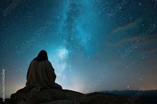 A peaceful scene of jesus alone in prayer at night Under a starlit sky Reflecting on his mission