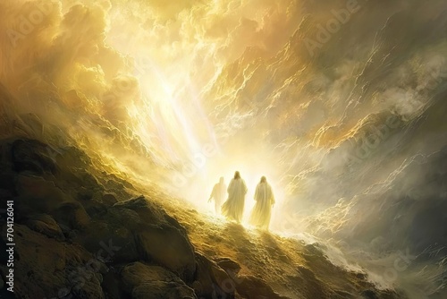 An artistic rendition of the transfiguration of jesus With moses and elijah Radiant on a mountain. photo