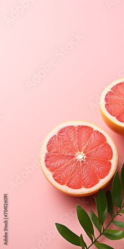Grapefruit decorated with a twig rosemary on pink background with space for text