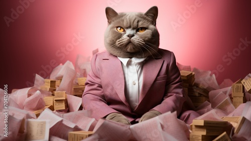 A cat wearing a suit and sitting on a pile of bills photo