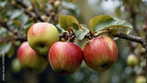 Crisp Apples Standing on Apple Tree, Blurred Background