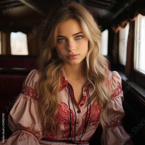 Portrait of a beautiful blonde woman in a pink dress photo