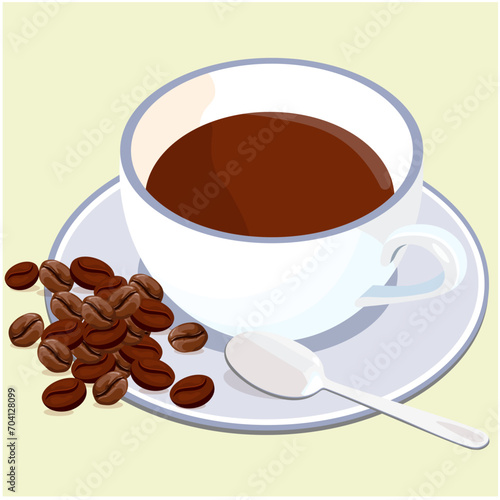 Cup of coffee and unground coffee beans