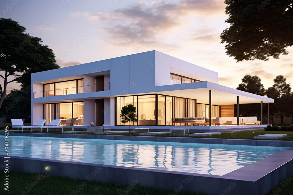 Modern house with pool and sunset Modern house with pool and sunset