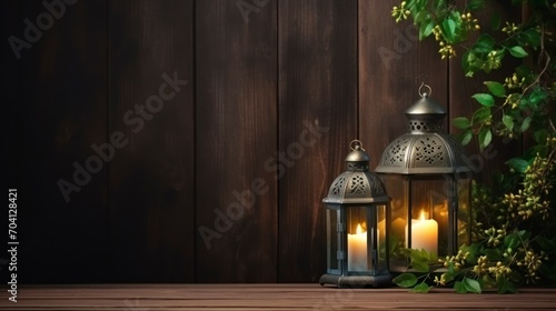 Arabic lanterns and green branches on dark wooden table background, flat lay. copy space - generative ai