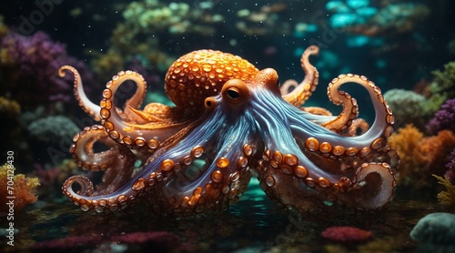 Underwater background with a large octopus. AI