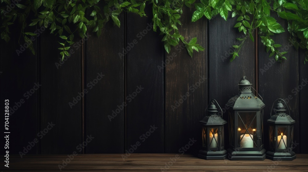 Arabic lanterns and green branches on dark wooden table background, flat lay. copy space - generative ai