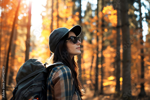 Beautiful tourist female in hat with backpack walks through the autumn forest  woman enjoying sunny autumn weather.