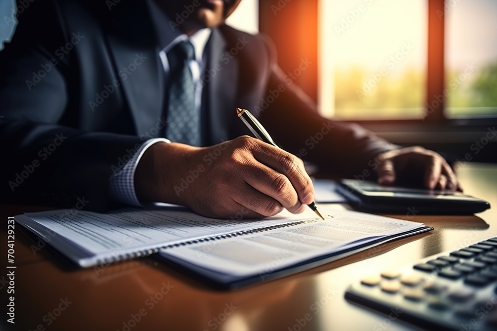 Businessman in suit writing on a notebook while using a calculator Businessman in suit writing on a notebook while using a calculator