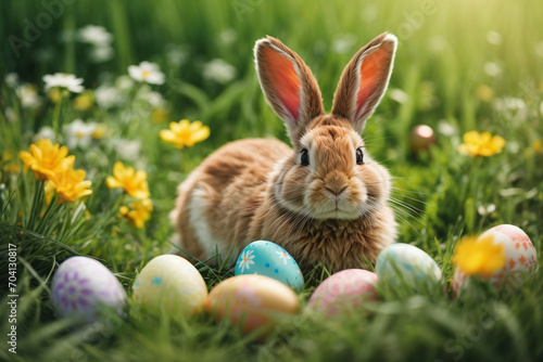 easter bunny with easter eggs in the garden