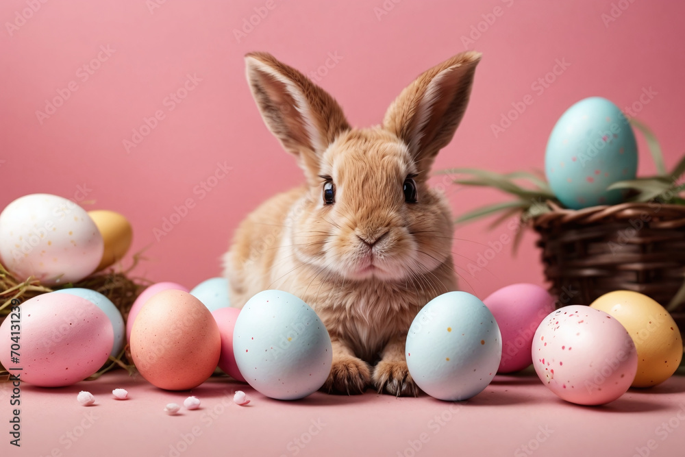 easter bunny and eggs pink background