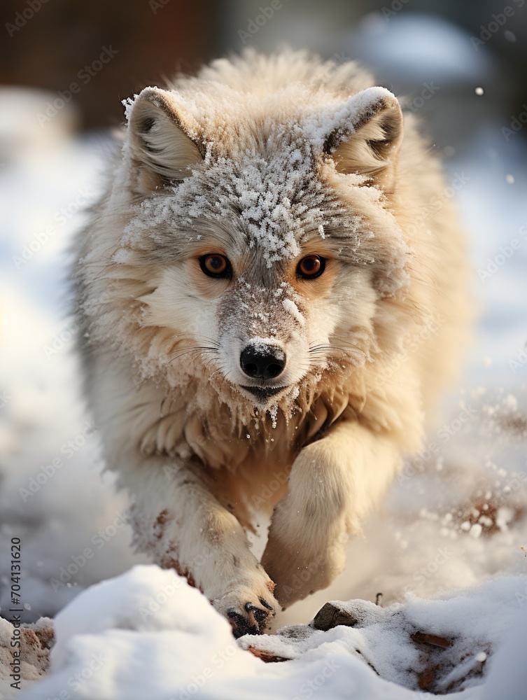 Obraz premium Portrait of a snow-covered wolf in the winter