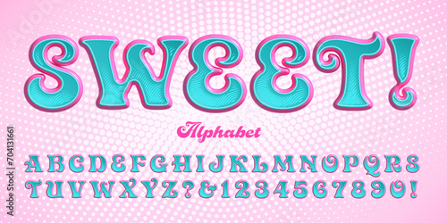Sweet is a layered alphabet in bright candy colors, with 3d effects and crosshatch details.