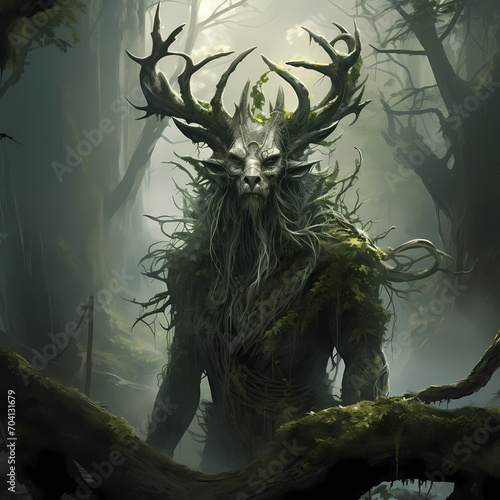 Artistic rendering of a mythical creature in a forest.