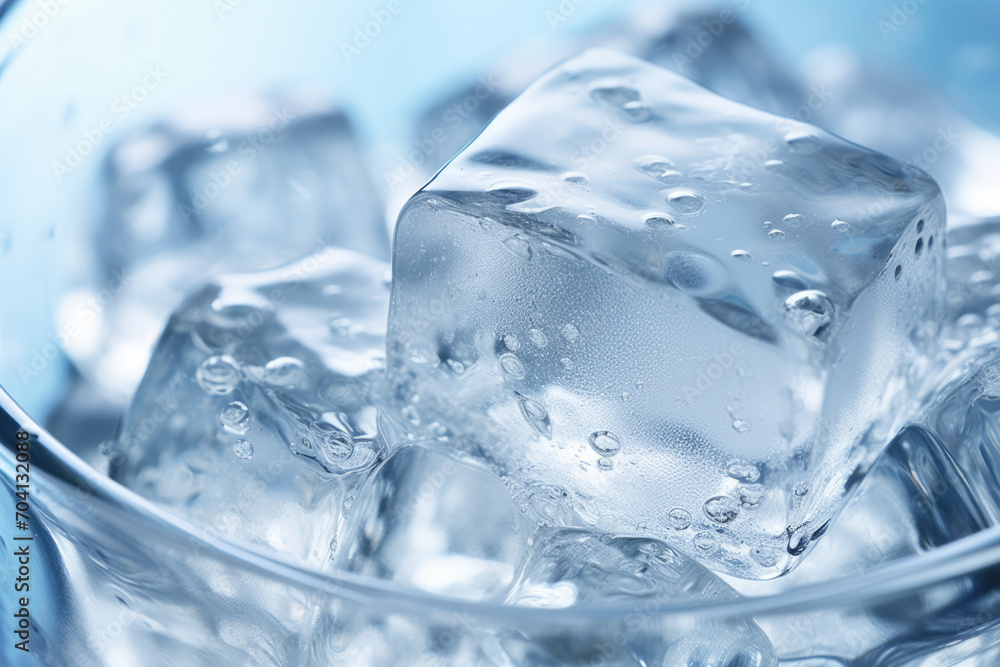 Obraz premium Macro view of a glass of clear water with a single ice cube.