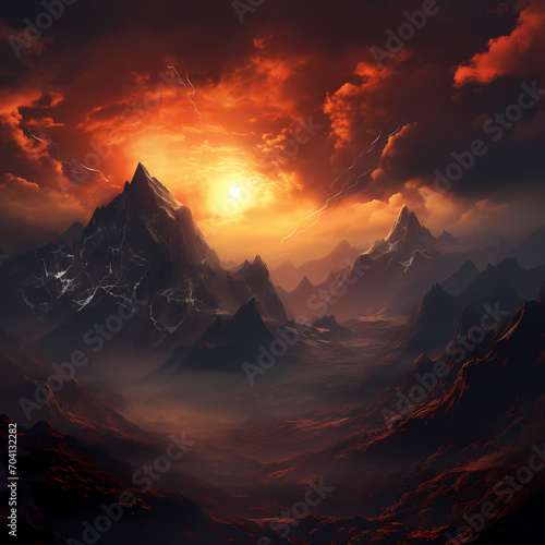 Dramatic sunset over a mountain range.