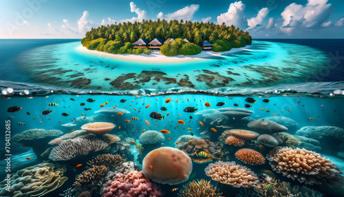 A breathtaking close-up photo with a unique split perspective that captures both the beautiful island on the sea of Maldives and the underwater view