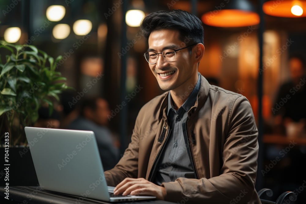 Asian man smiling while using laptop in cafe Asian man smiling while using laptop in cafe