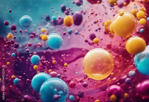 Colourful acrylic bubbles close up Abstract ink design template mixed texture background Liquid color backdrop in pink blue and yellow tones
