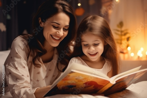 A preschool girl and her mom share joyful smiles while reading a storybook together, strengthening their connection. photo