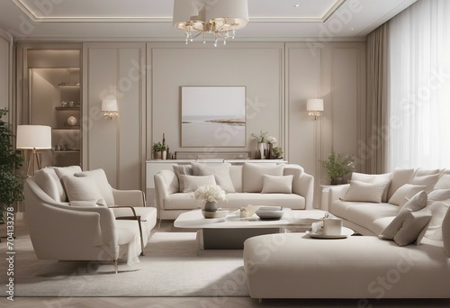 Contemporary classic white beige interior with furniture and decor © FrameFinesse