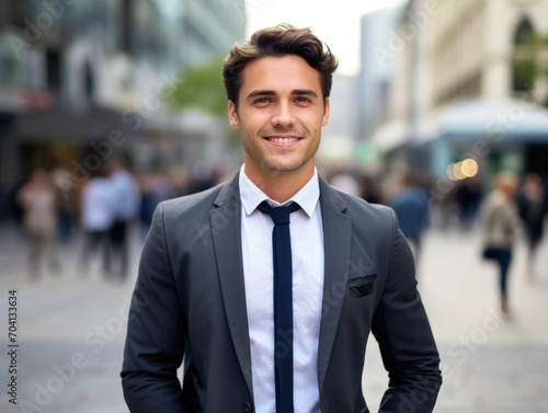Portrait of a young happy pretty smiling professional business man  happy confident positive female entrepreneur standing outdoor on street arms crossed  looking at camera