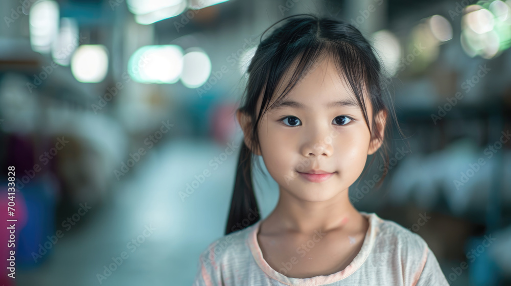 Small Asian girl in factory with blurred background, depicting illegal child labor in a documentary style. Small Asian girl in factory with blurred background, depicting illegal child labor in a documentary style.