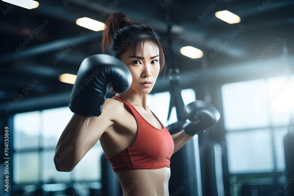 sport, fitness, lifestyle and people concept - young asian woman boxing in gym