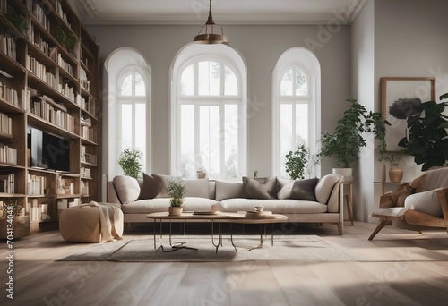Scandinavian farmhouse style living room interior book library