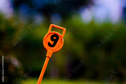 Golf course hole numeric marker. Orange color. Number nine