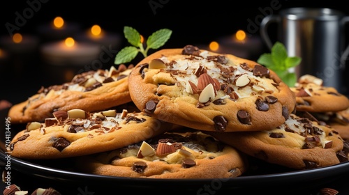 A plate full of chocolate chip cookies with almonds photo