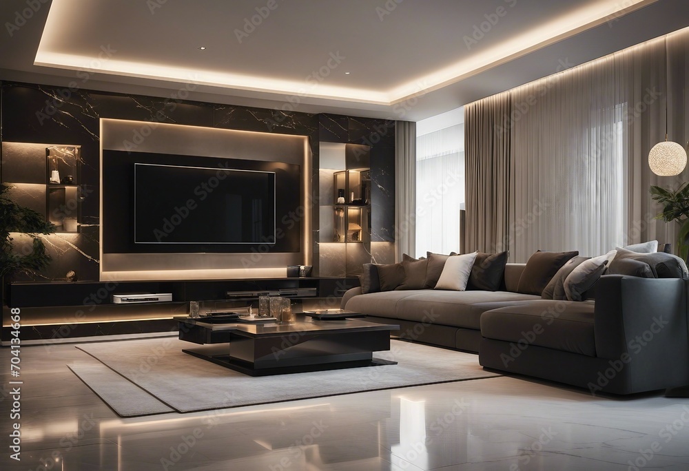 Elegant and luxury interior open living room concept with TV, wall, marble floor, table